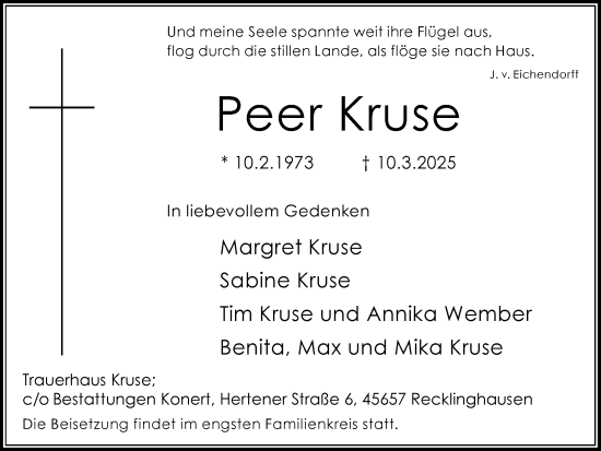 Traueranzeige von Peer Kruse von Trauer Vest