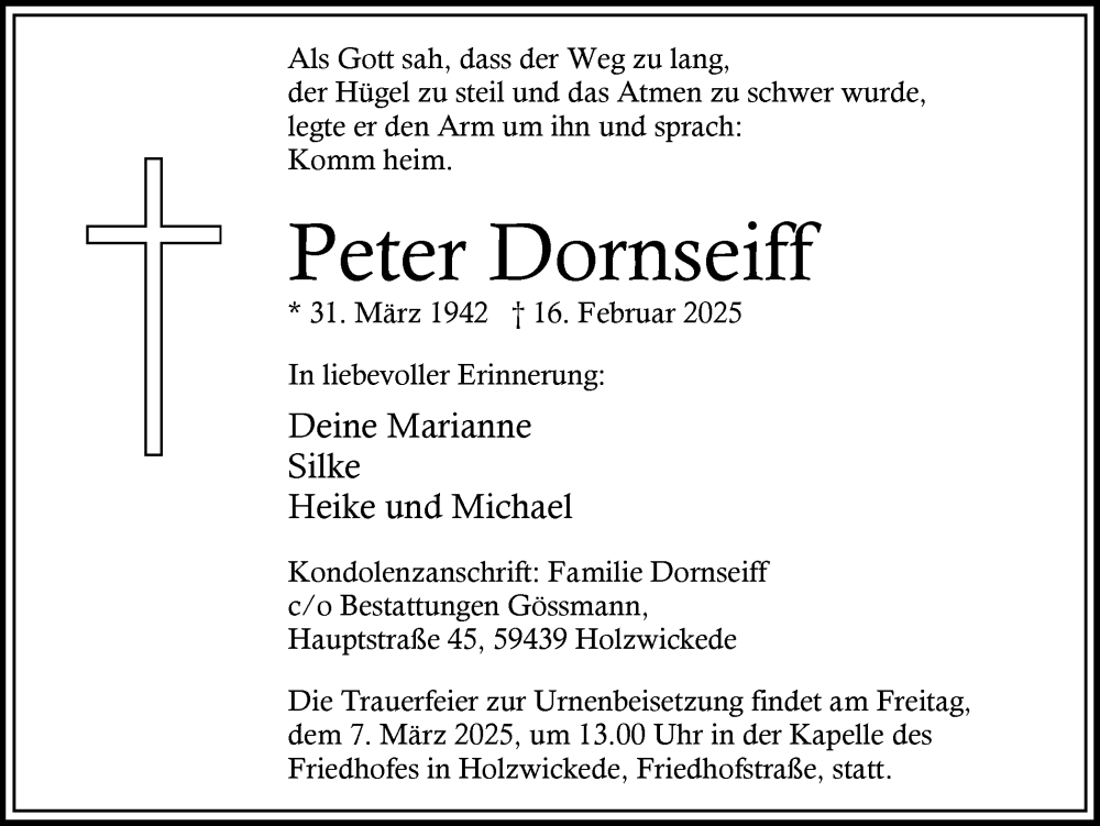  Traueranzeige für Peter Dornseiff vom 01.03.2025 aus Hellweger Anzeiger