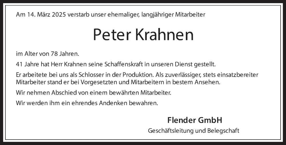  Traueranzeige für Peter Krahnen vom 27.03.2025 aus 