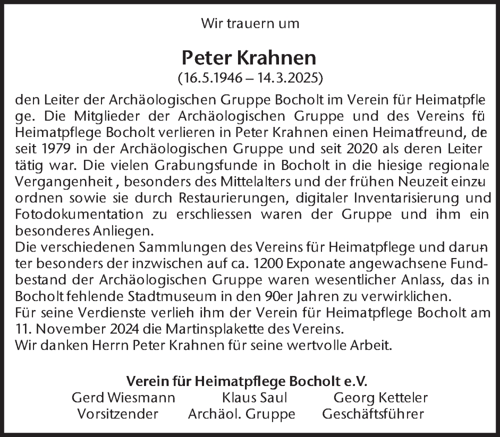  Traueranzeige für Peter Krahnen vom 27.03.2025 aus 