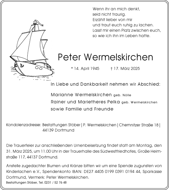 Traueranzeige von Peter Wermelskirchen von Ruhr Nachrichten