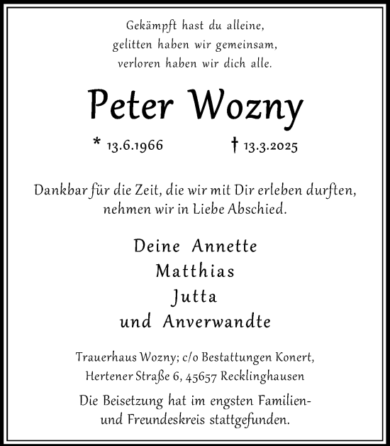 Traueranzeige von Peter Wozny von Trauer Vest