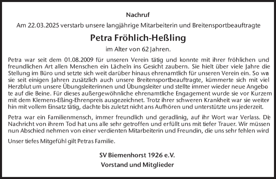 Traueranzeige von Petra Fröhlich-Heßling 