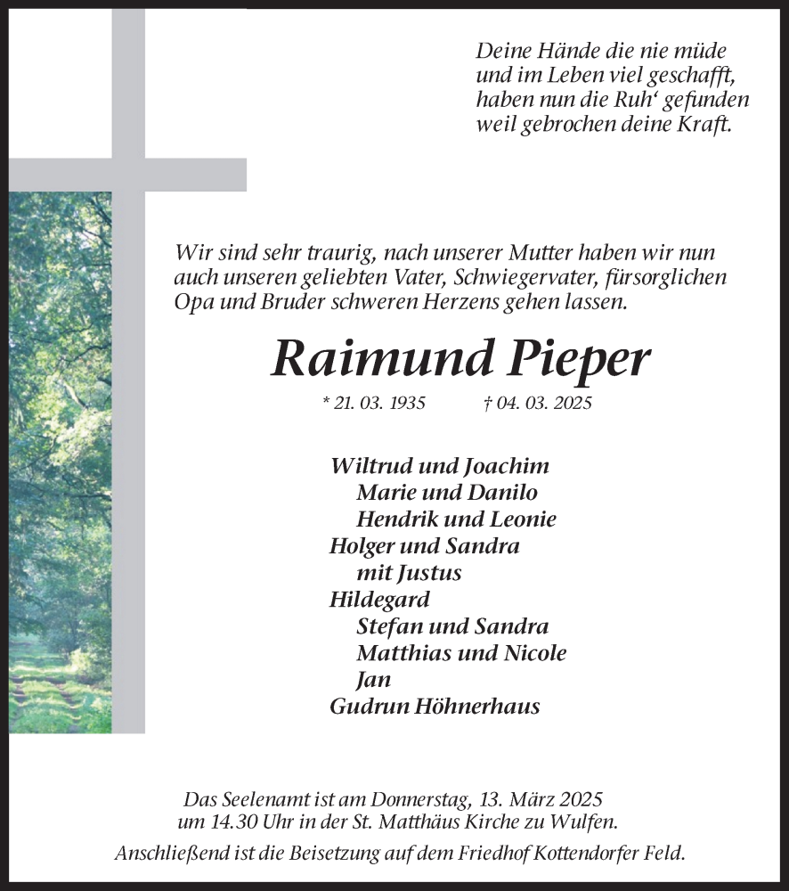  Traueranzeige für Raimund Pieper vom 11.03.2025 aus Ruhr Nachrichten und Dorstener Zeitung, Ruhr Nachrichten und Halterner Zeitung