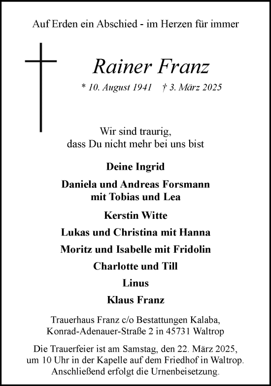 Traueranzeige von Rainer Franz von Trauer Vest