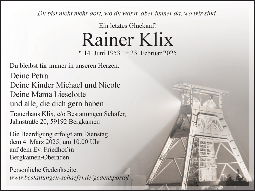  Traueranzeige für Rainer Klix vom 01.03.2025 aus Hellweger Anzeiger