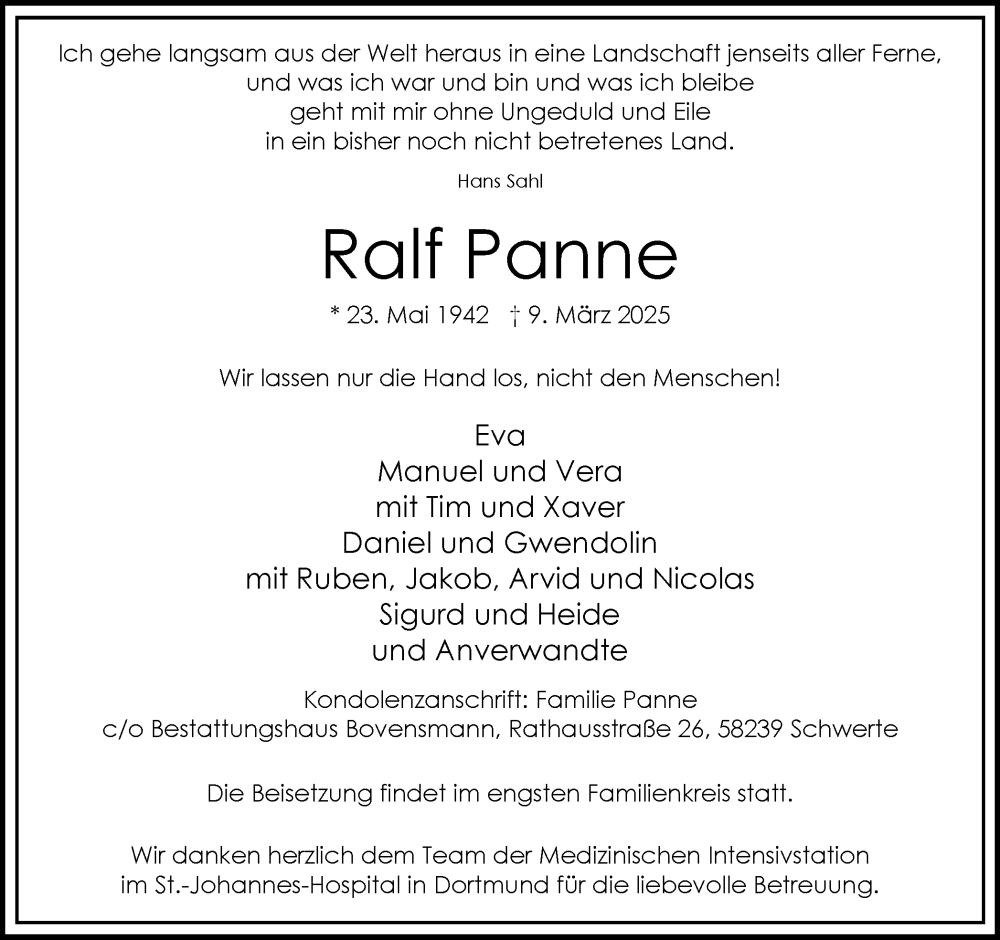  Traueranzeige für Ralf Panne vom 22.03.2025 aus Ruhr Nachrichten