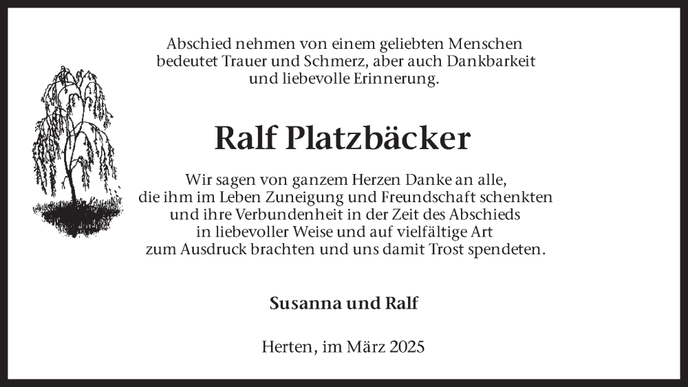  Traueranzeige für Ralf Platzbäcker vom 08.03.2025 aus Trauer Vest