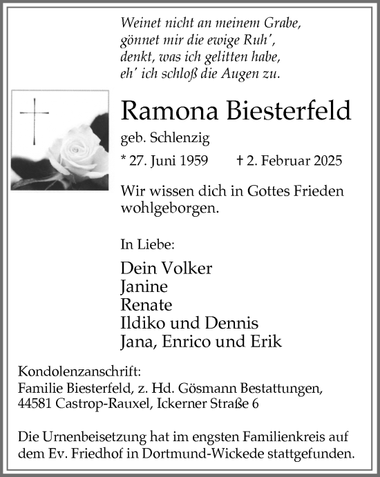 Traueranzeige von Ramona Biesterfeld von Stadtanzeiger Castrop-Rauxel