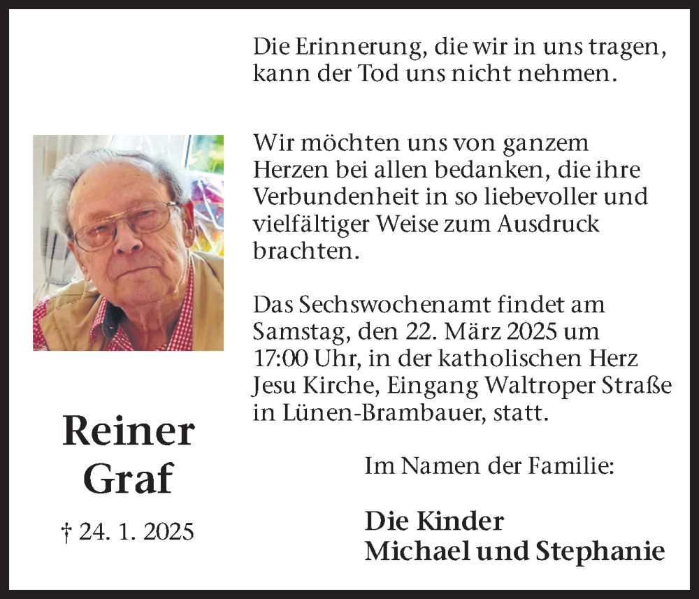  Traueranzeige für Reiner Graf vom 15.03.2025 aus Lüner Anzeiger