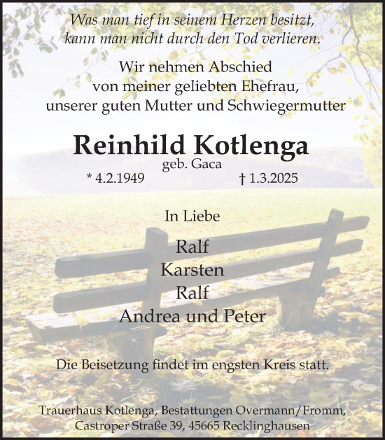 Traueranzeige von Reinhild Kotlenga von Trauer Vest