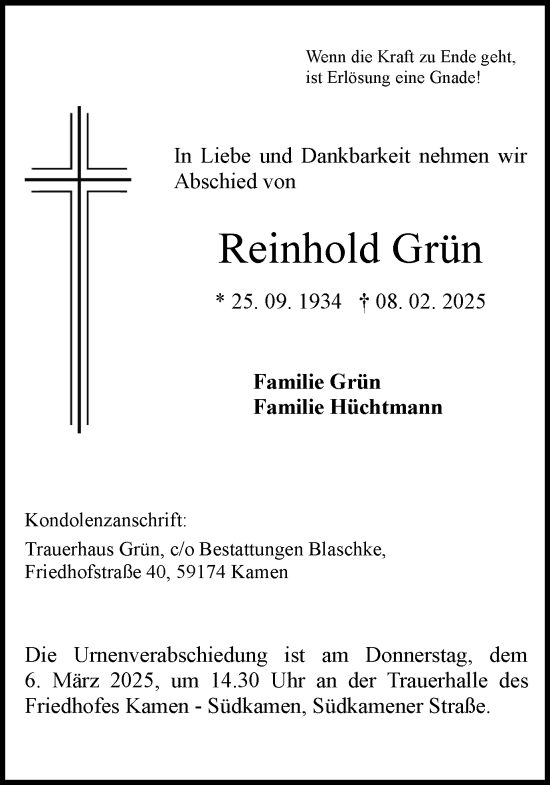 Traueranzeige von Reinhold Grün von Hellweger Anzeiger