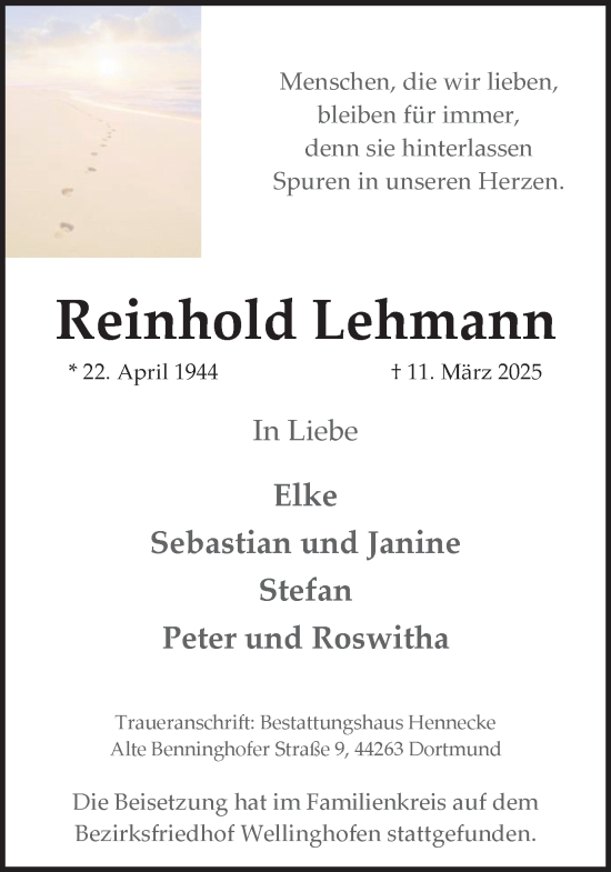 Traueranzeige von Reinhold Lehmann von Ruhr Nachrichten