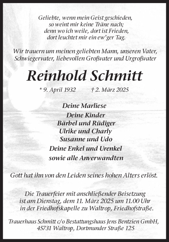 Traueranzeige von Reinhold Schmitt von Trauer Vest