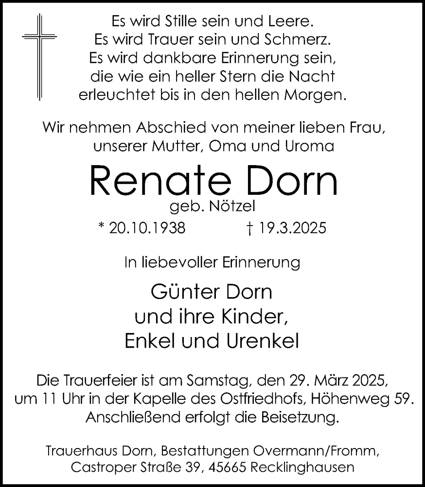 Traueranzeige für Renate Dorn vom 27.03.2025 aus Trauer Vest
