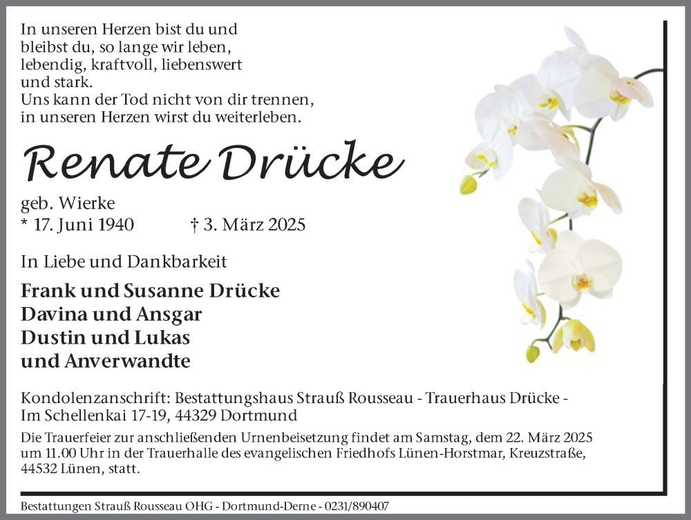  Traueranzeige für Renate Drücke vom 15.03.2025 aus Lüner Anzeiger