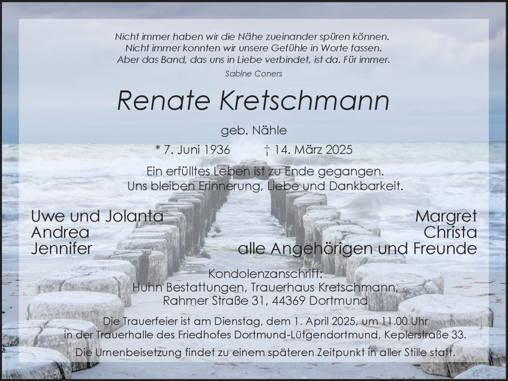  Traueranzeige für Renate Kretschmann vom 22.03.2025 aus Ruhr Nachrichten