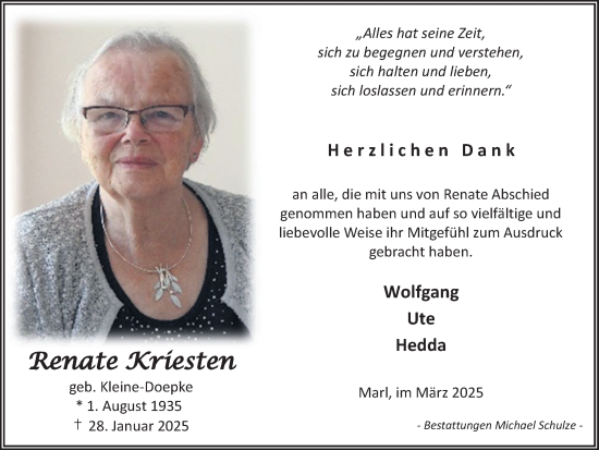 Traueranzeige von Renate Kriesten von Trauer Vest