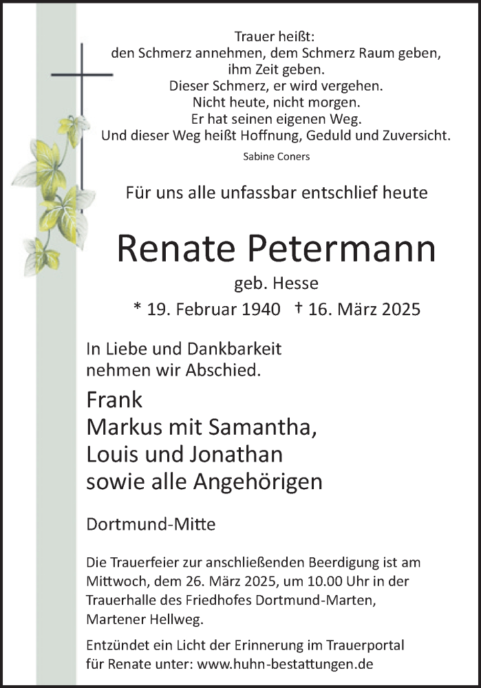  Traueranzeige für Renate Petermann vom 22.03.2025 aus Ruhr Nachrichten