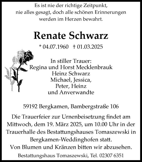 Traueranzeige von Renate Schwarz von Hellweger Anzeiger