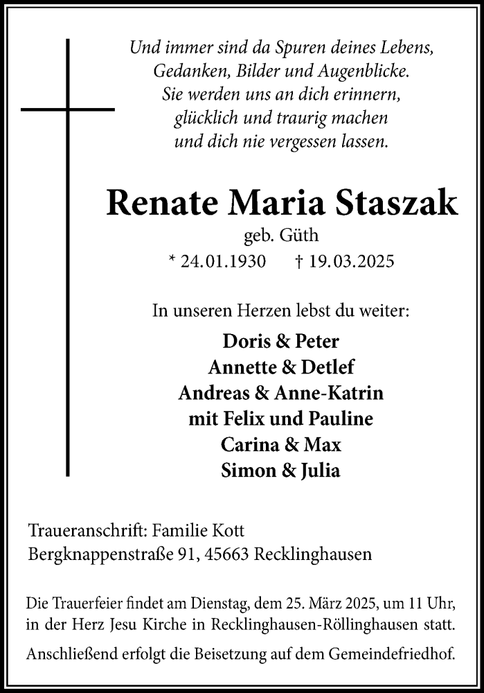  Traueranzeige für Renate Maria Staszak vom 22.03.2025 aus Trauer Vest
