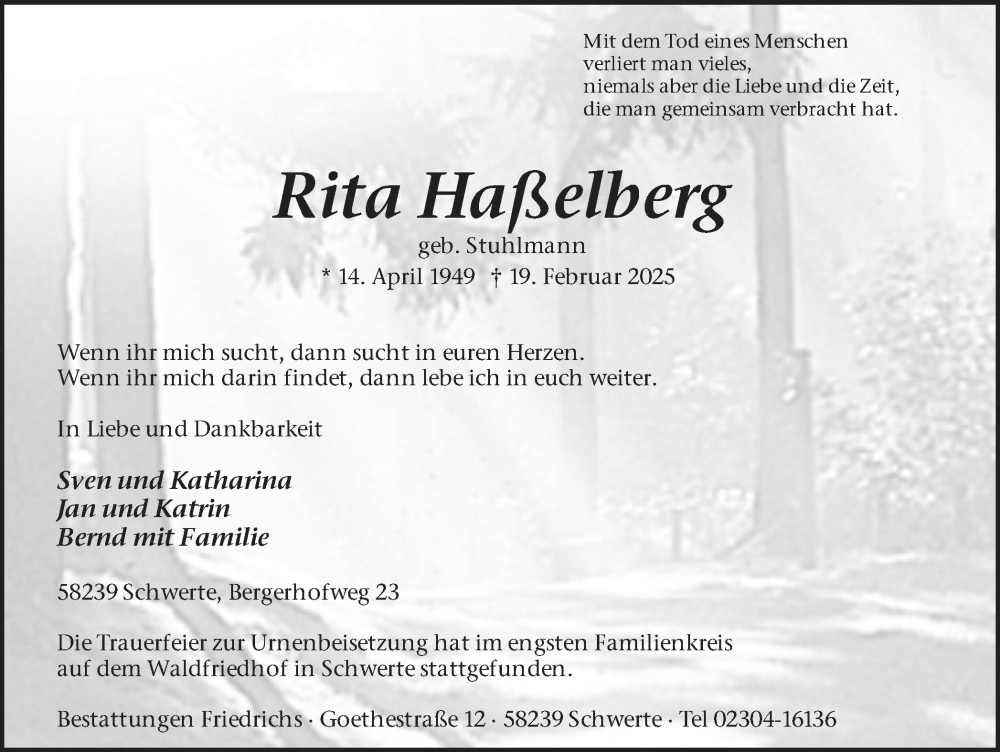  Traueranzeige für Rita Haßelberg vom 08.03.2025 aus Ruhr Nachrichten