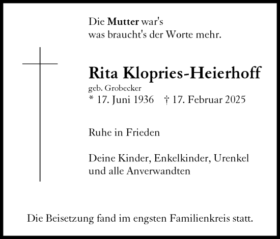 Traueranzeige von Rita Klopries-Heierhoff von Trauer Vest