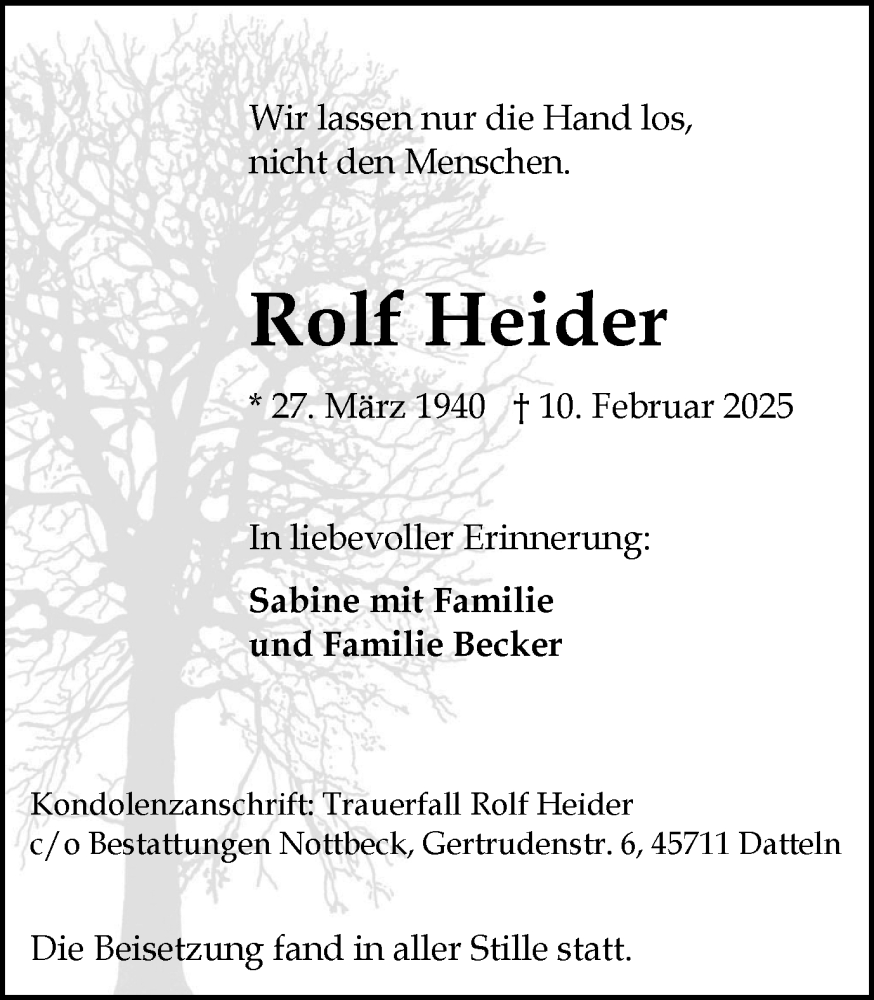  Traueranzeige für Rolf Heider vom 08.03.2025 aus Trauer Vest