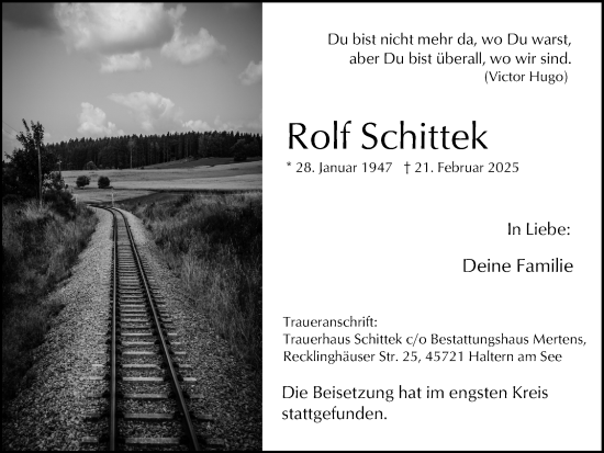 Traueranzeige von Rolf Schittek von Ruhr Nachrichten und Halterner Zeitung