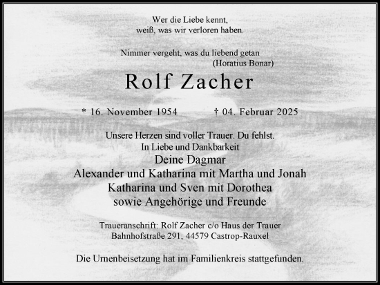 Traueranzeige von Rolf Zacher von Stadtanzeiger Castrop-Rauxel
