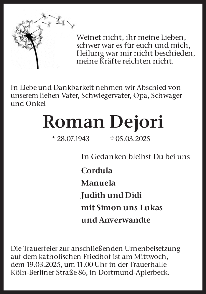  Traueranzeige für Roman Dejori vom 15.03.2025 aus Ruhr Nachrichten