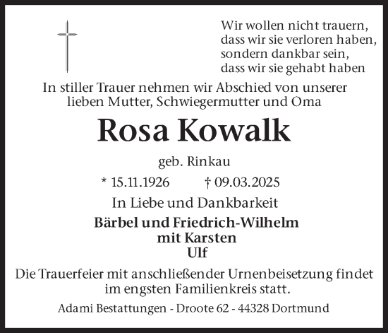 Traueranzeige von Rosa Kowalk von Ruhr Nachrichten