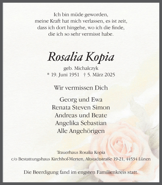 Traueranzeige von Rosalia Kopia von Lüner Anzeiger