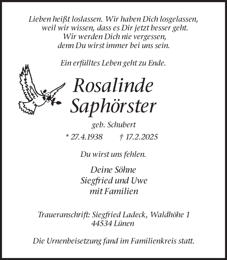  Traueranzeige für Rosalinde Saphörster vom 15.03.2025 aus Lüner Anzeiger