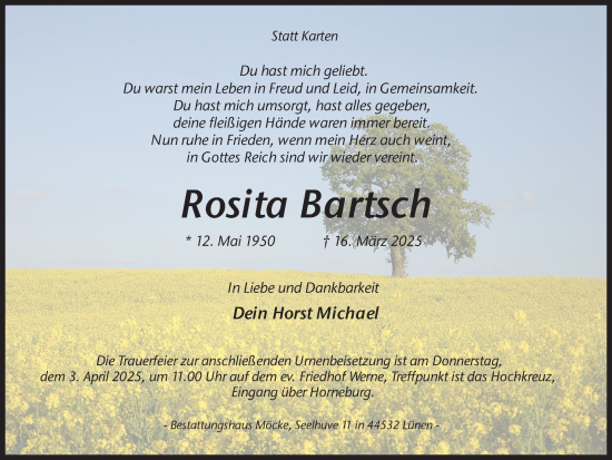 Traueranzeige von Rosita Bartsch von Ruhr Nachrichten