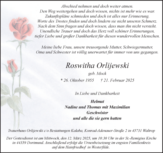 Traueranzeige von Roswitha Orlijewski von Ruhr Nachrichten