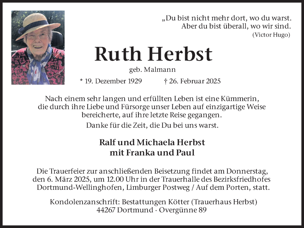  Traueranzeige für Ruth Herbst vom 01.03.2025 aus Ruhr Nachrichten