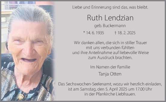 Traueranzeige von Ruth Lendzian 