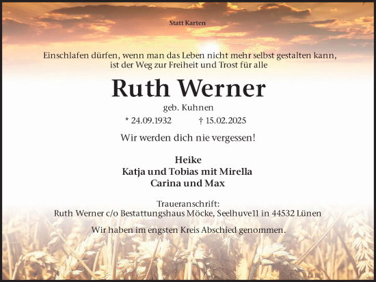 Traueranzeige von Ruth Werner von Ruhr Nachrichten