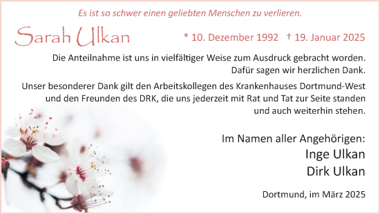 Traueranzeige von Sarah Ulkan von Ruhr Nachrichten