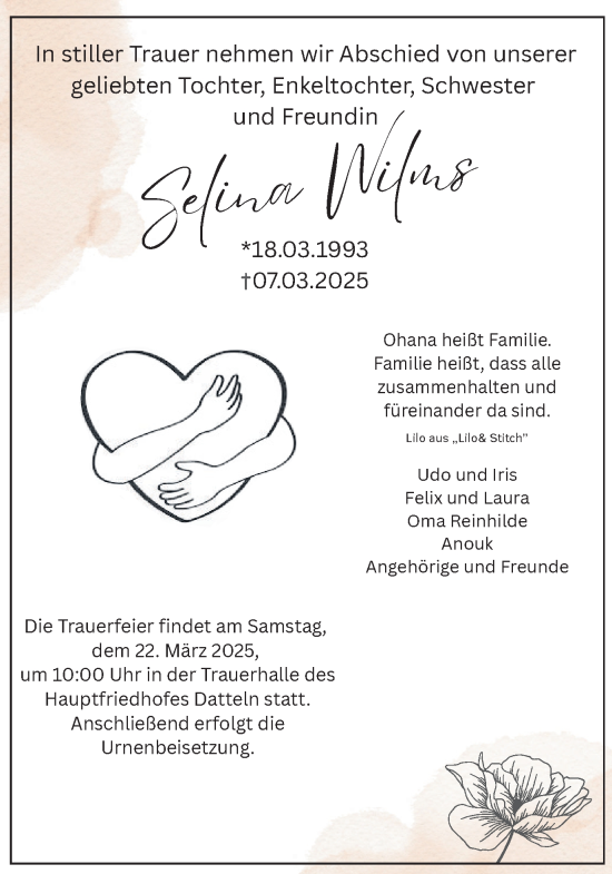 Traueranzeige von Selina Wilms von Trauer Vest