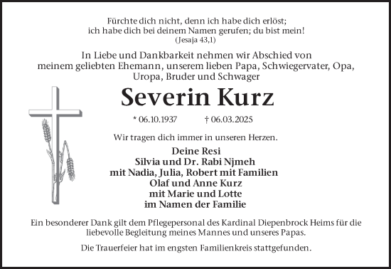 Traueranzeige von Severin Kurz 