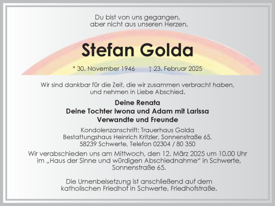 Traueranzeige von Stefan Golda von Ruhr Nachrichten