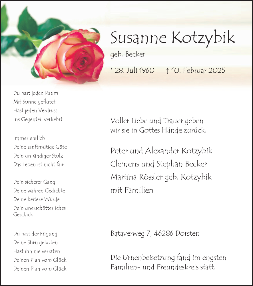 Traueranzeige für Susanne Kotzybik vom 12.03.2025 aus Ruhr Nachrichten und Dorstener Zeitung
