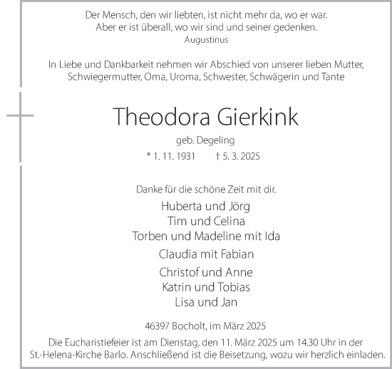 Traueranzeige von Theodora Gierkink 