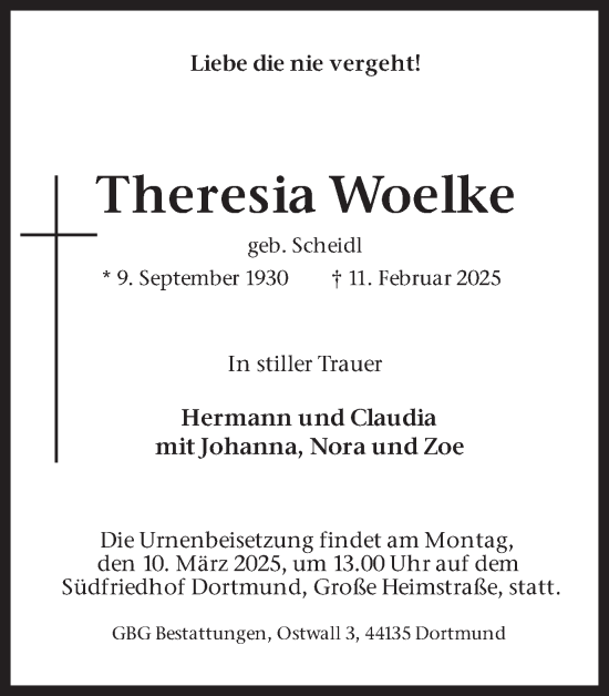 Traueranzeige von Theresia Woelke von Ruhr Nachrichten