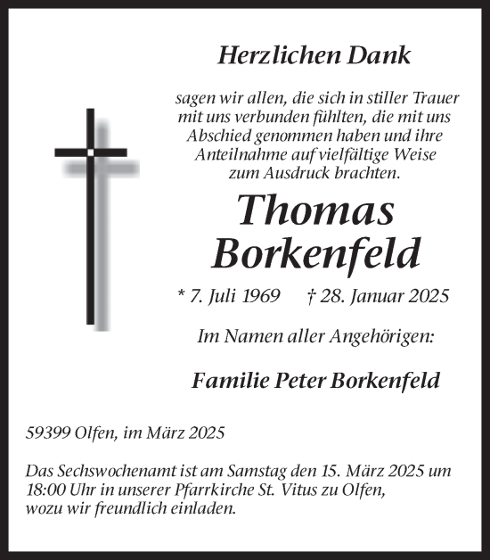 Traueranzeige von Thomas Borkenfeld von Ruhr Nachrichten