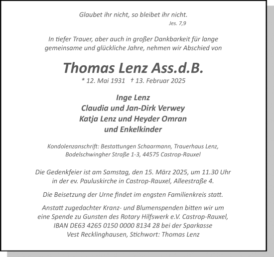 Traueranzeige von Thomas Lenz von Ruhr Nachrichten