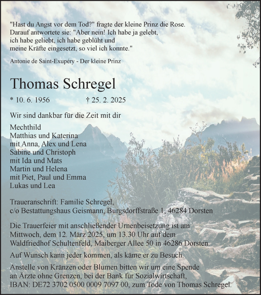  Traueranzeige für Thomas Schregel vom 08.03.2025 aus Ruhr Nachrichten und Dorstener Zeitung