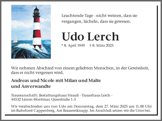 Traueranzeige von Udo Lerch von Ruhr Nachrichten